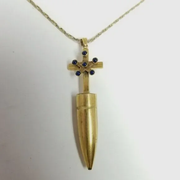 Vintage Trench Art Style Cross Pendant Necklace, Bullet Gold Tone, Chain, Estate